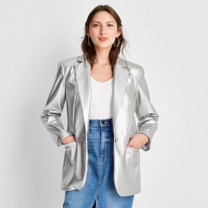 Women's Relaxed Fit Faux Leather Blazer - A New Day Silver M